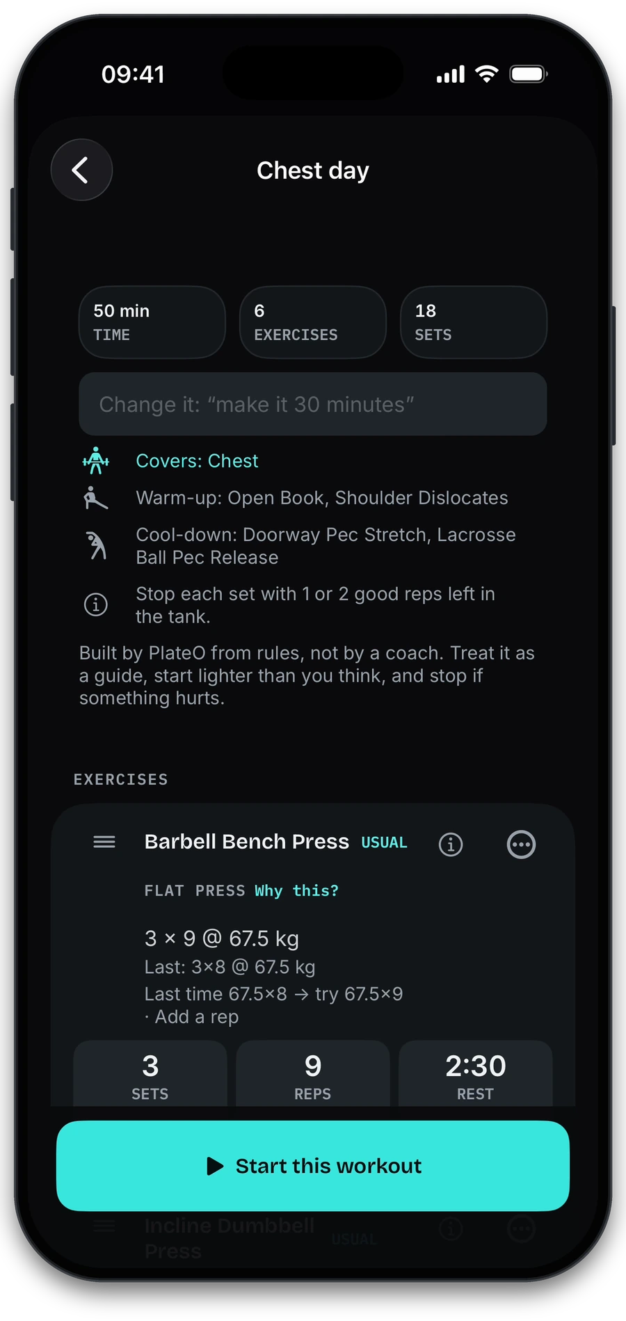 A PlateO Chest day workout: 50 minutes, 6 exercises, 18 sets, with warm-up and cool-down. The first exercise is Barbell Bench Press, 3 sets of 9 at 67.5 kg, and a Start this workout button.