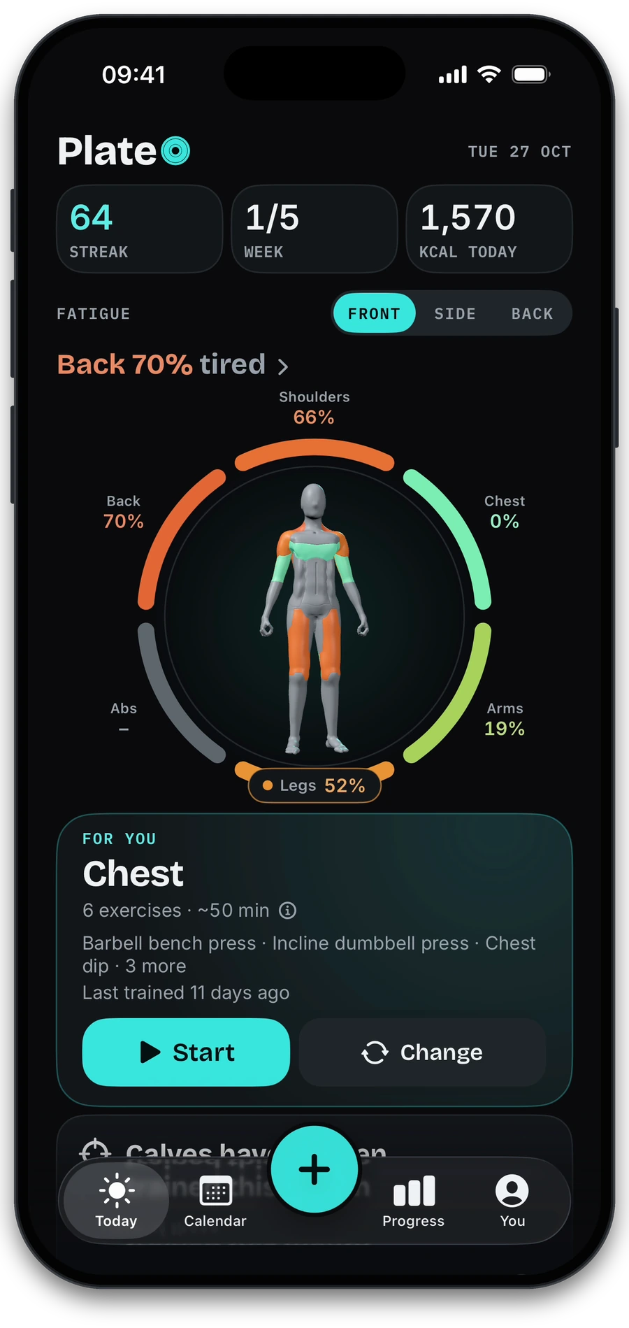 The PlateO Today screen. A ring around a body figure shows how tired each muscle group is: back 70%, shoulders 66%, legs 52%, arms 19% and chest 0%. Below it, a suggested Chest workout of 6 exercises, about 50 minutes, with a Start button.